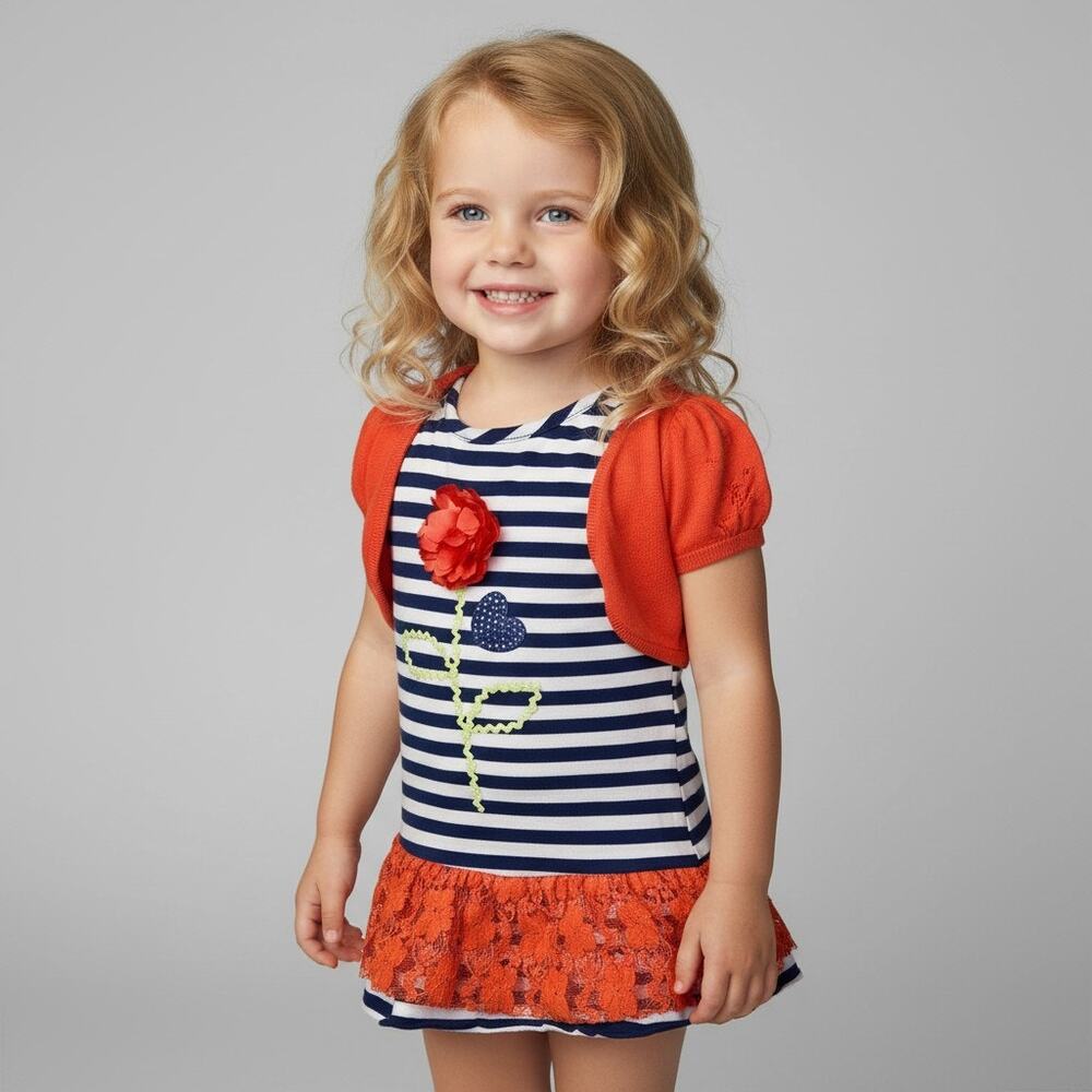 Dollie & Me Girls Size 4 Dress Striped Floral CoverUp Flower Applique Cap Sleeve